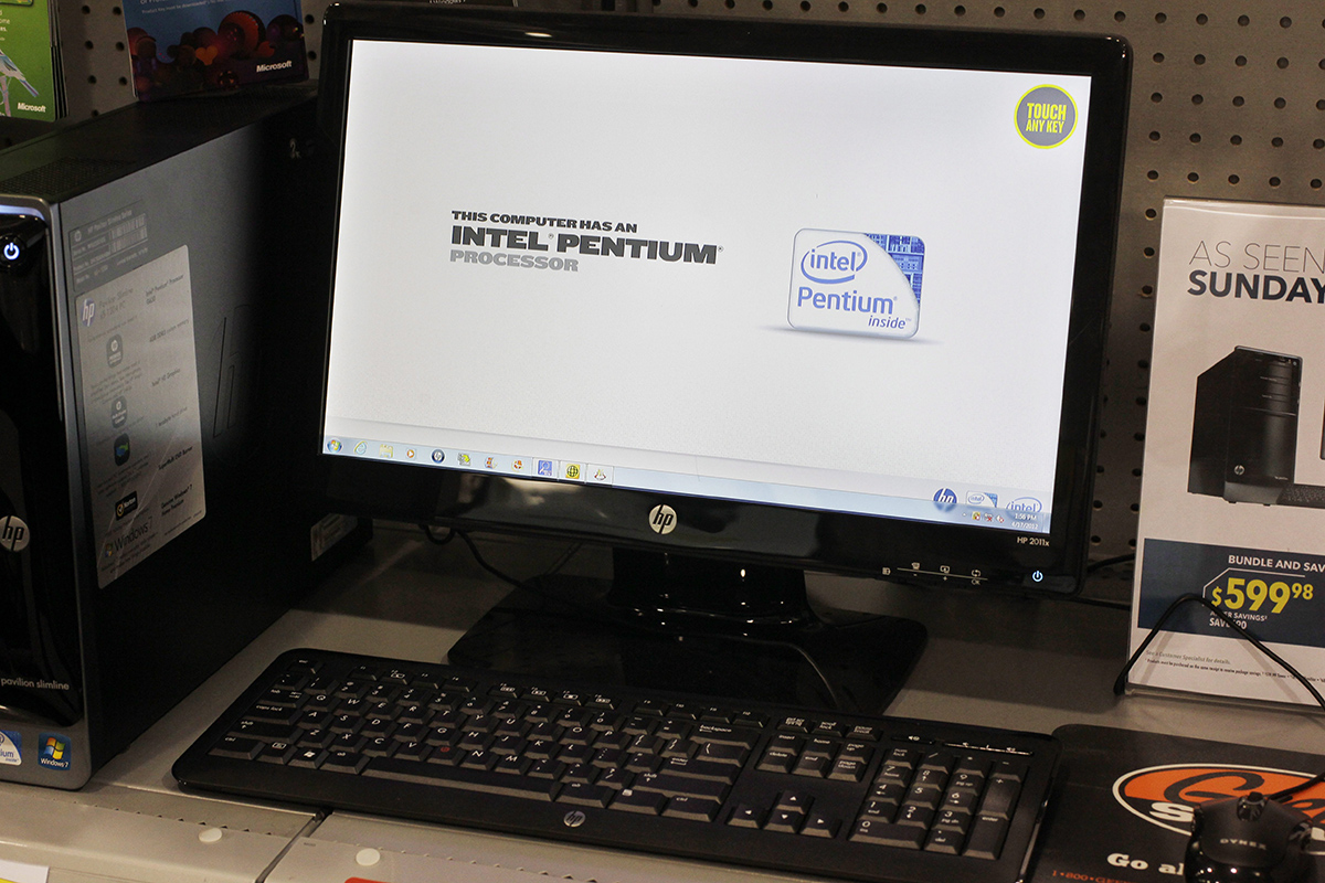 Intel advertisement is shown on a desktop computer at Best Buy in Mountain View, Calif., Tuesday, April 17, 2012. 