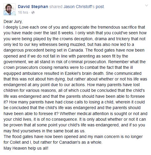 Alberta father convicted in son’s meningitis death posts letter to jury on Facebook - image