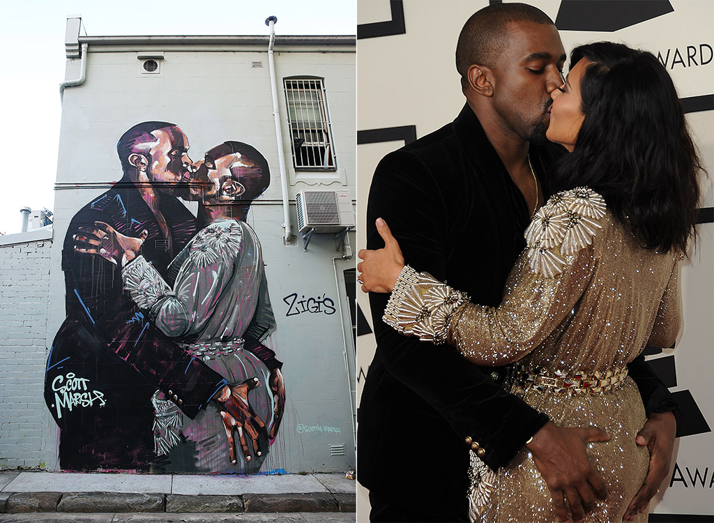Kanye West mural, Kanye West and Kim Kardashian kissing. 