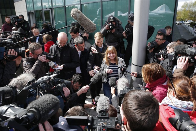 Chair of the Hillsborough Families Support Group, Margaret Aspinall, speaks to the media outside the Hillsborough Inquest in Warrington, England, Tuesday April 26, 2016.
