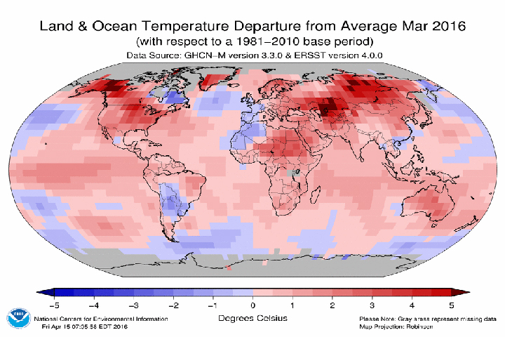 This map illustrates the land an ocean temperature departure from average.