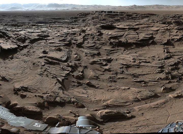 This image from NASA's Curiosity Mars rover shows the rugged surface of "Naukluft Plateau" The April 4, 2016, scene is dominated by eroded remnants of a finely layered ancient sandstone deposit.