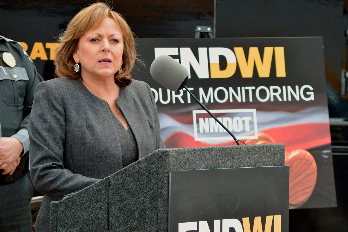 New Mexico Gov. Susana Martinez talks on a new program that will send monitors to courtrooms to watch how judges rule on cases involving suspects with multiple drunken driving convictions, during a news conference in Albuquerque, N.M., Tuesday, April 19, 2016. 