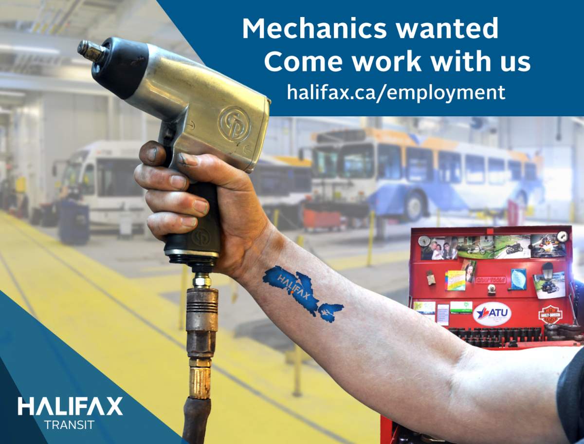 Halifax Transit has placed ads on Edmonton buses and bus shelters enticing Maritime mechanics to return home for work.