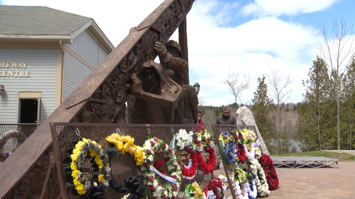 Wreaths adorn the Day of Mourning in Saint John on National Day of Mourning for workers killed by injury or disease on the job.