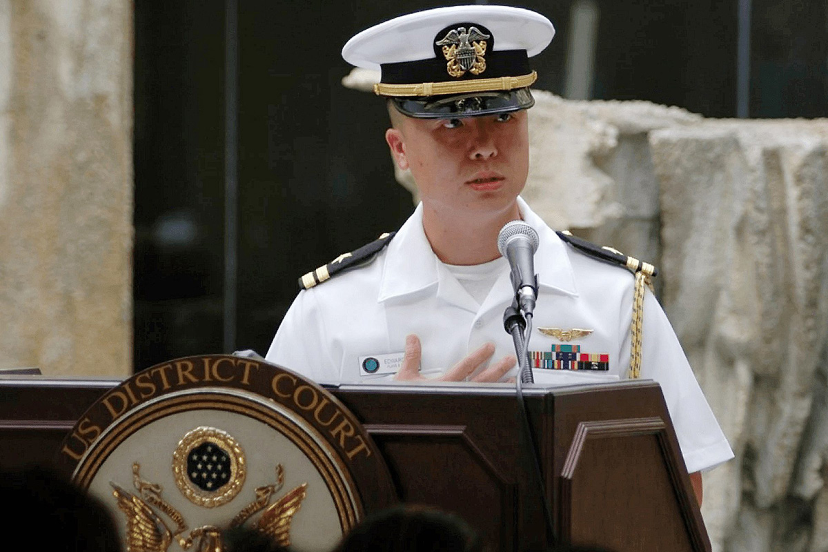 In this Dec. 3, 2008 photo released by the U.S. Navy, Lt. Edward Lin, a native of Taiwan speaks. 