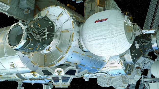 This image provided by Bigelow Aerospace on April 6, 2016 shows an illustration of the Bigelow Expandable Activity Module (BEAM), center right, attached to the International Space Station.