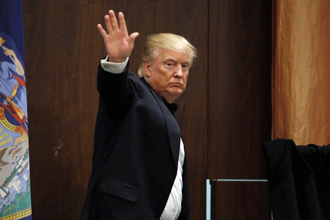 Republican presidential candidate Donald Trump waves leaving the stage after speaking to the New York Republican State Committee Annual Gala, Thursday, April 14, 2016, in New York. 