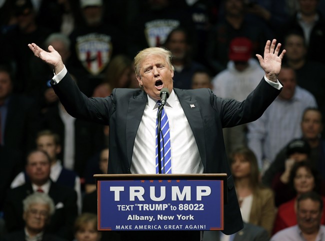 Republican presidential candidate Donald Trump speaks during a rally at the Times Union Center on Monday, April 11, 2016, in Albany, N.Y. 