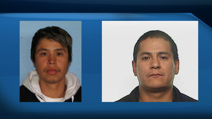 RCMP are searching for Desmond Lee Pambrun (left) and Edward William Pelletier (right) in connection with a December home invasion in Lestock, Sask. 