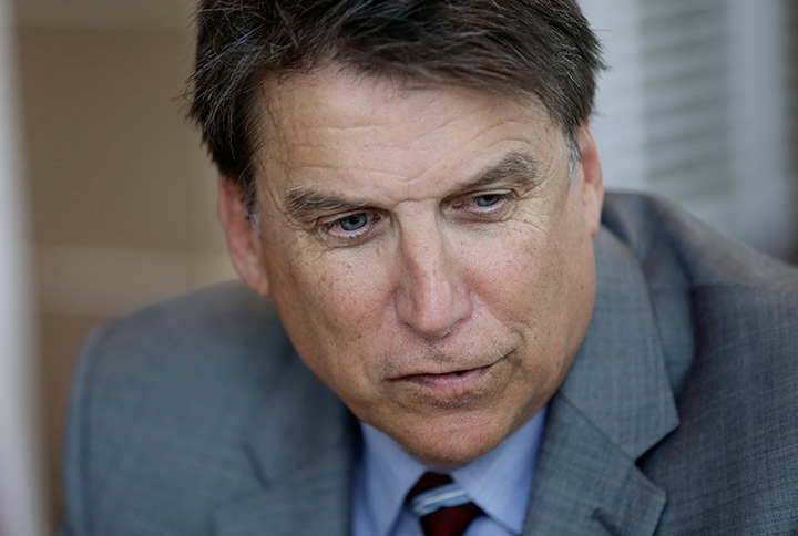 North Carolina Gov. Pat McCrory makes remarks during an interview at the Governor's mansion in Raleigh, N.C., Tuesday, April 12, 2016. 