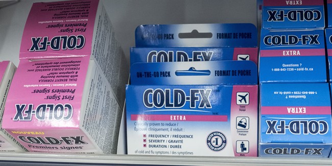 Boxes of Cold-fX medication are seen at a pharmacy Monday, April 4, 2016 in Montreal.