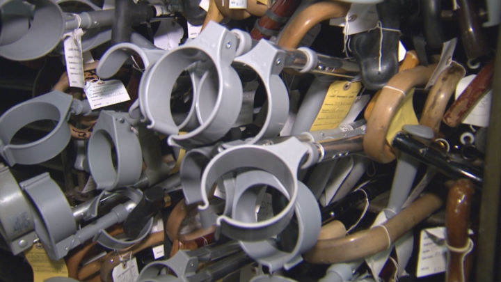 This stack of canes were all turned into the Lost and Found office, but there have also been missing prosthetic limbs that have been turned in as well.