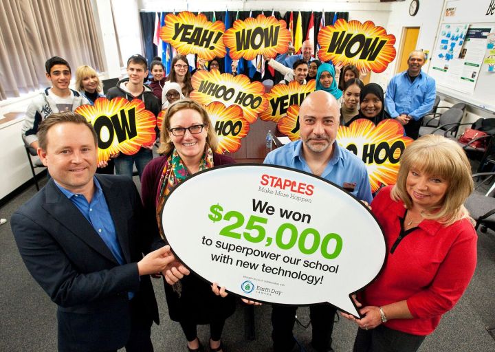 Students and staff at Edmonton's Queen Elizabeth High School were honoured at a surprise assembly Tuesday when they learned they are the first of 10 winners of this year's national Superpower Your School contest, an initiative put together by Earth Day Canada and Staples Canada.