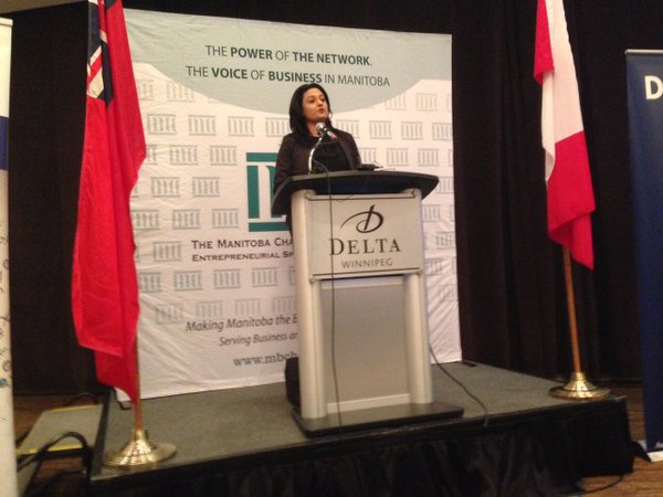 Liberal Leader Rana Bokhari addresses Winnipeg’s business community Wednesday morning.