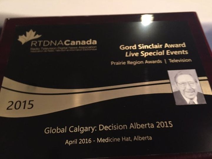 Global News Calgary wins the Gord Sinclair Award for live special events at the RTDNA Prairie Regional Awards in Medicine Hat, Alta. on April 23, 2016.