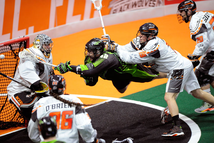 Kyle Buchanan scores four goals as New England Black Wolves rally past Saskatchewan Rush 14-13 on Friday.