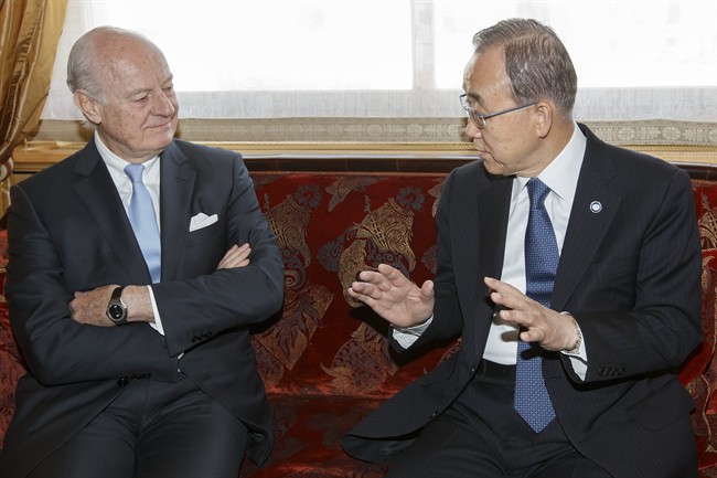 UN Secretary-General Ban Ki-moon, right, speaks with the UN Special Envoy for Syria Staffan de Mistura, left, prior to a bilateral meeting about the Syrian crisis.