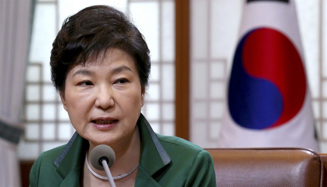 South Korean President Park Geun-hye speaks during a regular meeting with her top aides at the presidential house in Seoul, South Korea, Monday, April 18, 2016. (Baek Seung-ryul/Yonhap via AP).