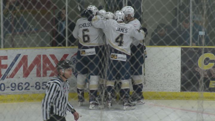 The Spruce Grove Saints celebrate a goal during their 4-1 win over the Lloydminster Bobcats on April 8, 2016.