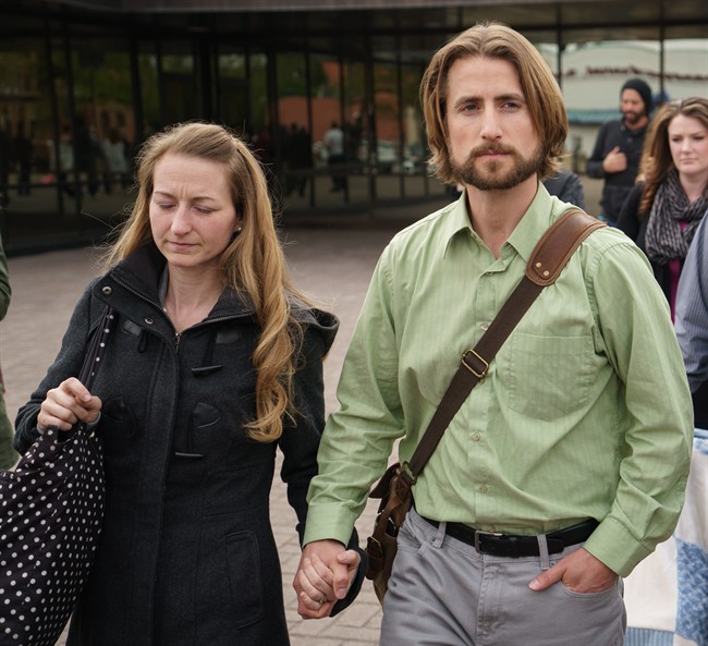 David and Collette Stephan leave the courthouse in Lethbridge, Alberta, April 26, 2016, after being found guilty in failing to provide the necessaries of life in the death of their 19-month-old Ezekiel 2012.