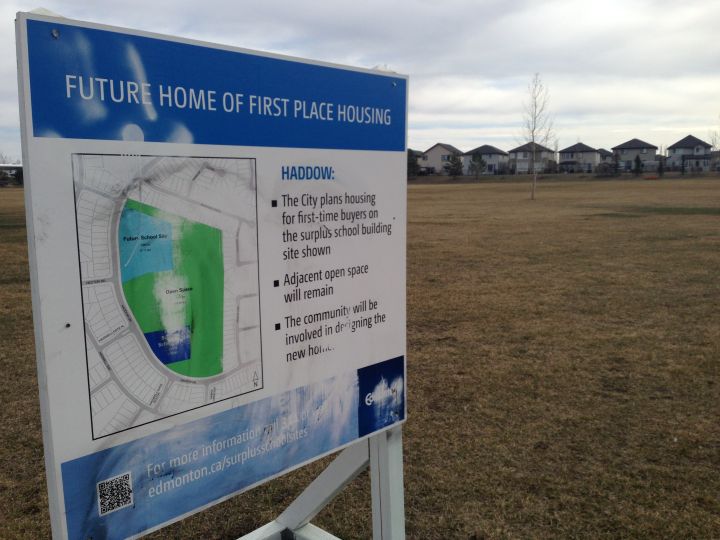 A sign in the southwest Edmonton community of Haddow indicates  a surplus school site has been rezoned for residential development.