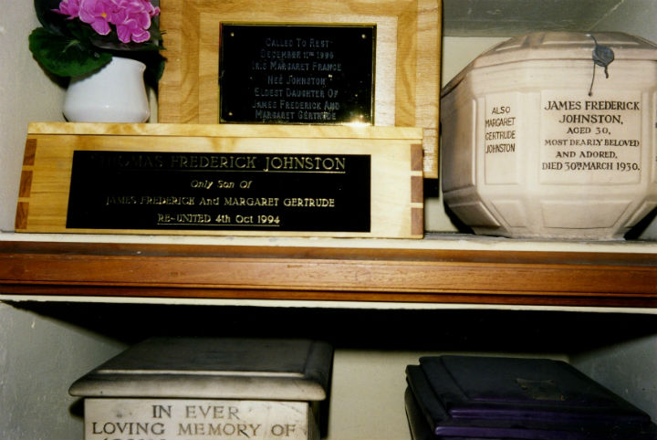An wooden urn carrying the ashes of Thomas Frederick Johnston (left) sat on a shelf in Cowan’s office until family members from Canada came to claim it.