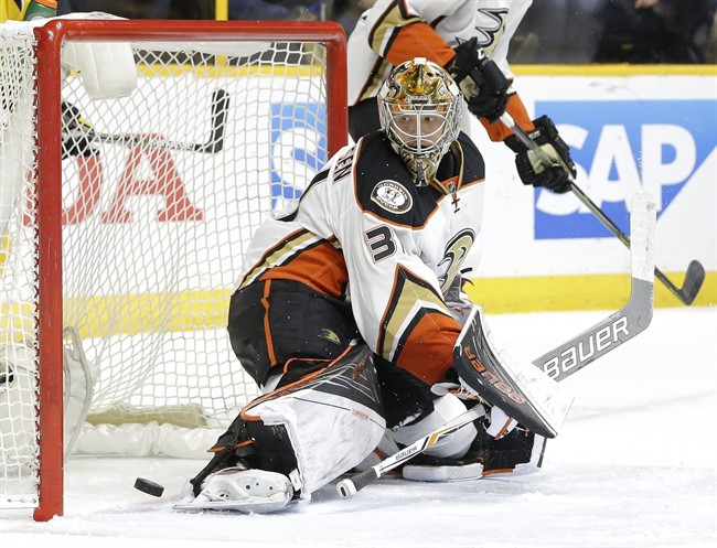 Frederik Andersen, of Denmark, looks back as a shot by Nashville Predators forward Mike Fisher gets past for a goal during the second period of Game 4 in an NHL hockey first-round Stanley Cup playoff series Thursday, April 21, 2016, in Nashville, Tenn.