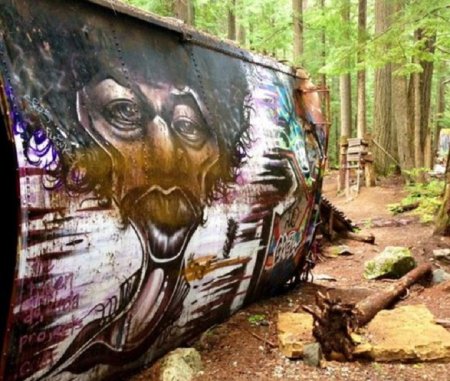 Some of the graffiti art covering one of seven boxcars at Train Wreck in Whistler, B.C.