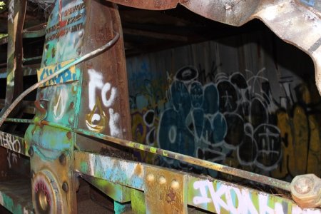 Some of the graffiti art covering one of seven box cars at Train Wreck in Whistler, B.C.