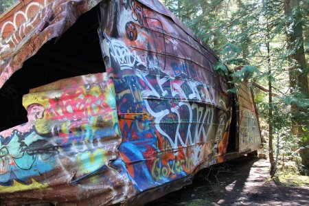 Some of the graffiti art covering one of seven box cars at Train Wreck in Whistler, B.C.