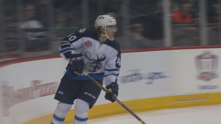 Manitoba Moose defenceman Tyson Wilson skates with the puck against the Charlotte Checkers.