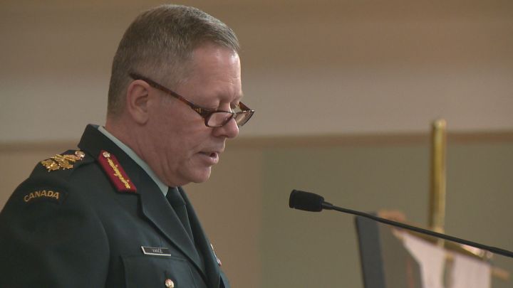 Chief of the Defence Staff Gen. Jon Vance speaking in Edmonton on April 16, 2016 at a lecture event dealing with stress and mental illness.