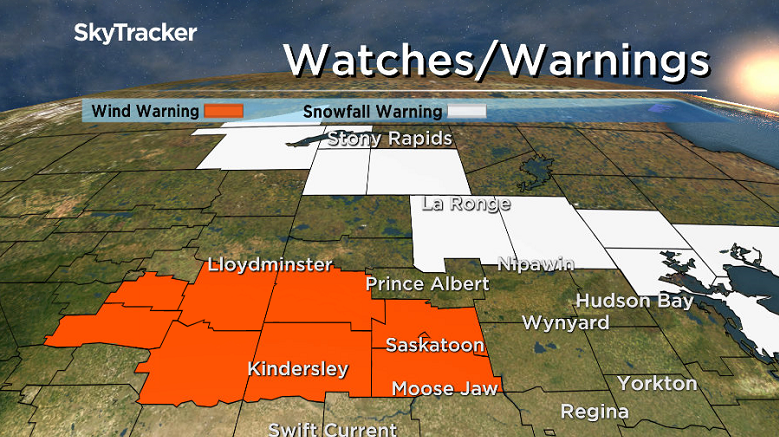 Wind and snowfall warnings have been issued in central and northern Saskatchewan.