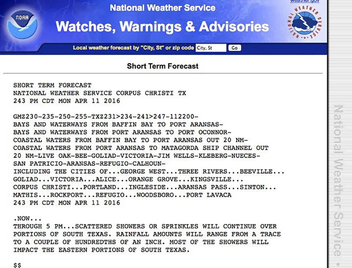 This image provided by the National Weather Service shows a National Weather Service advisory in all capital letters. For more than a century, the National Weather Service has screamed its forecasts in all capital letters. But in the social media age all capitals are considered yelling, so next month federal meteorologists are lowering their voices and their letters, except in dire emergencies.