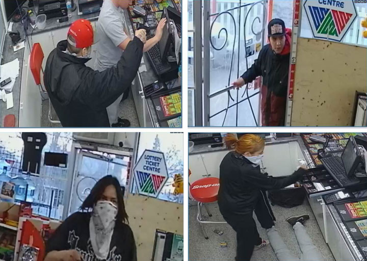 Saskatoon police have identified one man (top left) but are asking for the public’s help in locating all four armed robbery suspects.