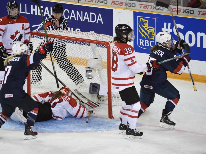 United States's Alex Carpenter celebrates her overtime goal against Canada in gold medal action at the women's world hockey championships Monday, April 4, 2016 in Kamloops, B.C. 