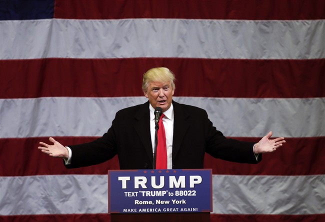 In this April 12, 2016 file photo, Republican presidential candidate Donald Trump speaks in Rome, N.Y.