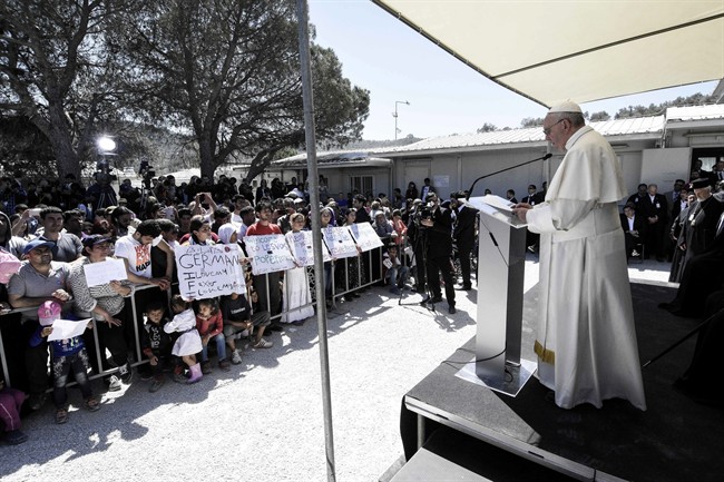 Pope Francis delivers a speech during a visit at the Moria refugee camp on the island of Lesbos, Greece, April 16, 2016.