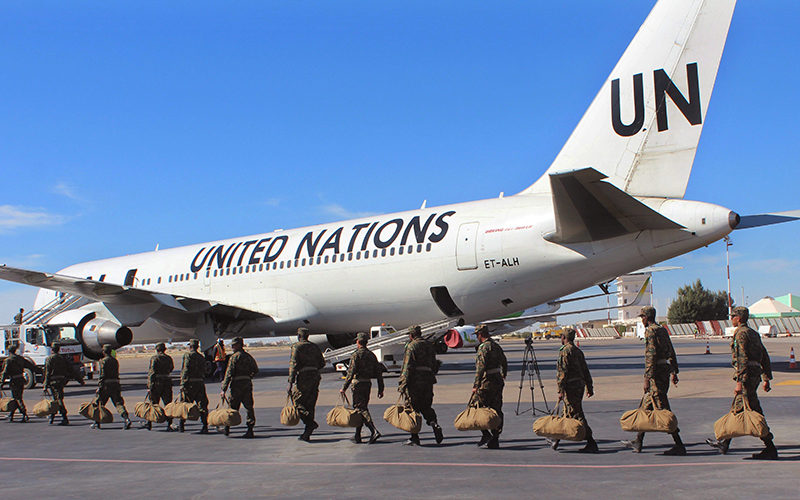 Mauritanian soldiers board a United Nations flight to Central African Republic as a peacekeeping force in Nouakchott, Mauritania,  Sunday, Feb 21, 2016. 