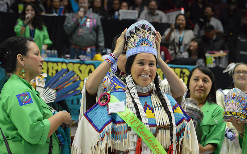 Danielle Ta’Sheena Finn is crowned Miss Indian World on Saturday, April 30, 2016 at the 33rd annual Gathering of Nations in Albuquerque, N.M. 