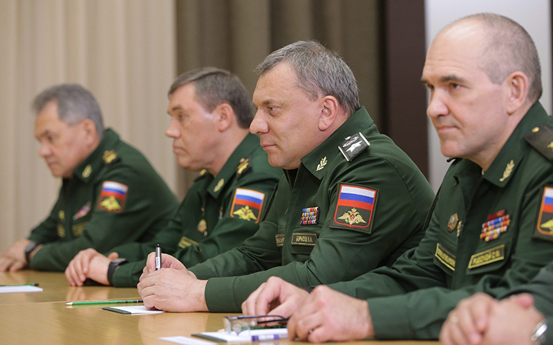 Russia's defence minister Sergei Shoigu, the head of the Russian Armed Forces General Staff Army General Valery Gerasimov, deputy defence minister Army General Yuri Borisov, and the head of the Main Operational Directorate of the Russian Armed Forces General Staff Lt Gen Sergei Rudskoi, at a government meeting in the Bocharov Ruchei residence. 