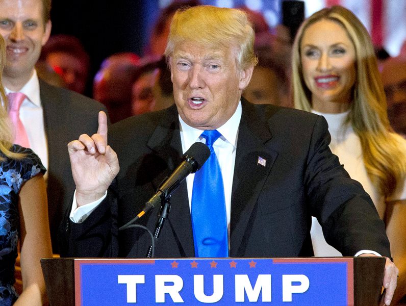 Republican presidential candidate Donald Trump speaks in New York on May 3, 2016.