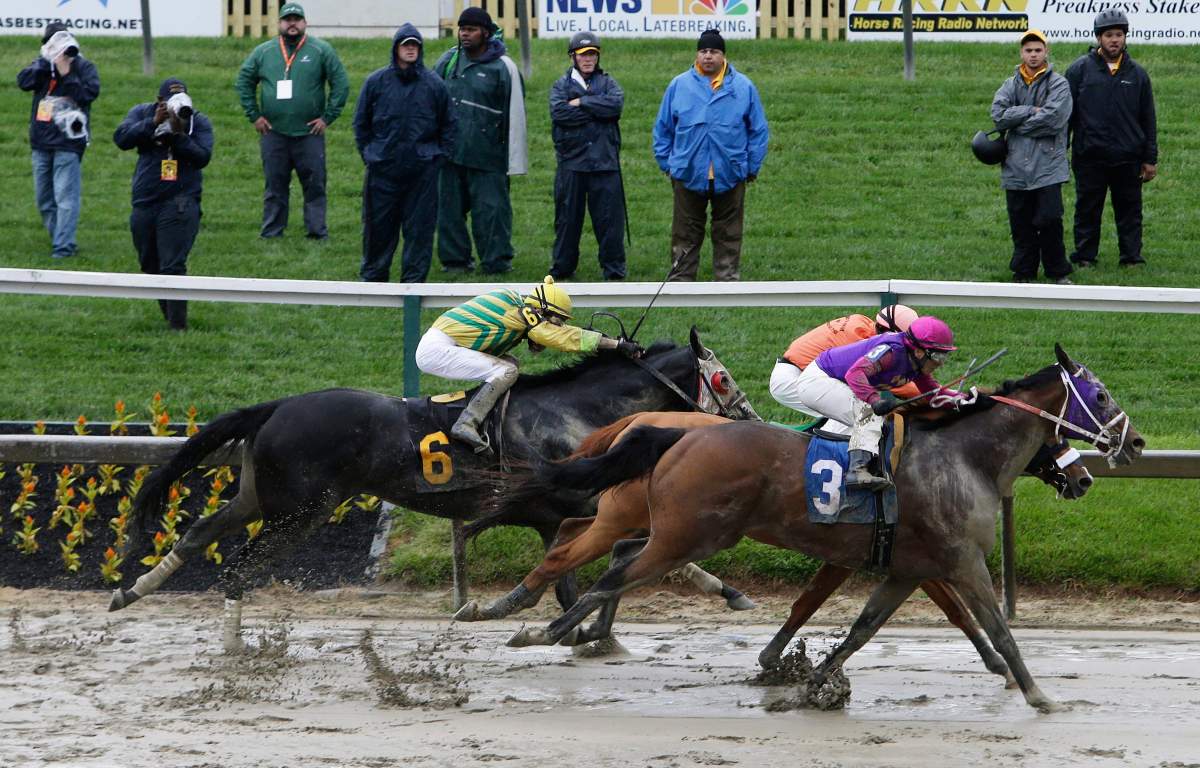 Homeboykris (3), ridden by Horacio Karamanos, moves to the finish in the first race of the day on a muddy track ahead of the 141st Preakness Stakes horse race at Pimlico Race Course, Saturday, May 21, 2016, in Baltimore.  The horse died of what's believed to be cardiovascular complications not long after winning the race.  