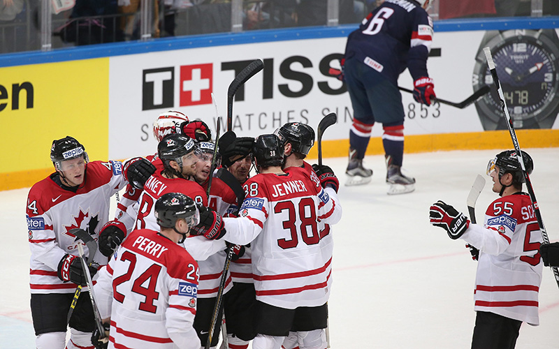 Players of Canada celebrate winning the Ice Hockey World Championship 2016 semi final  match between USA and Canada at the Ice Palace  in Moscow, Russia, 21 May 2016. 