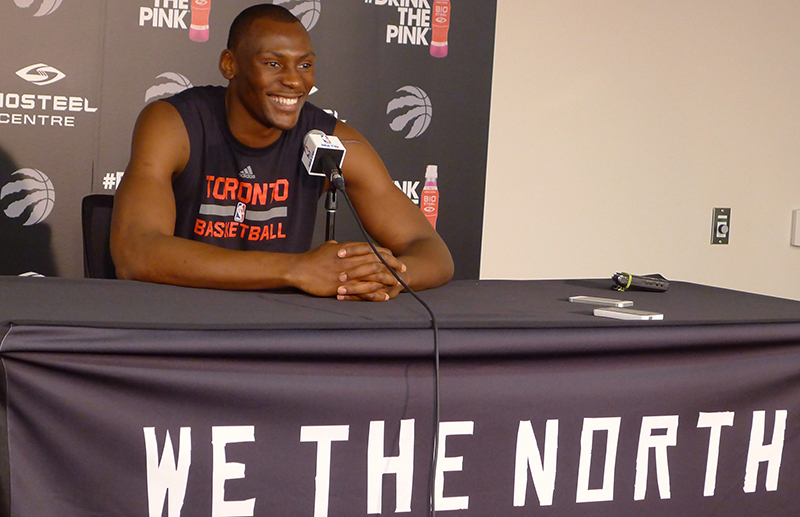 Toronto Raptors' Bismack Biyombo answers questions at a media availability in Toronto on Sunday, May 22, 2016. 