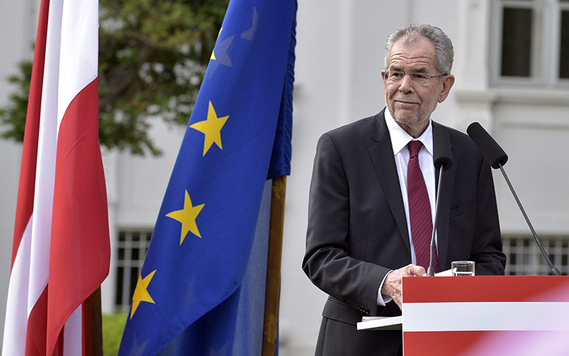 Austria's new president Alexander Van der Bellen delivers a first statement after the official announcement of the final result of the presidential election   in Vienna, Austria, Monday  May 23, 2016.  