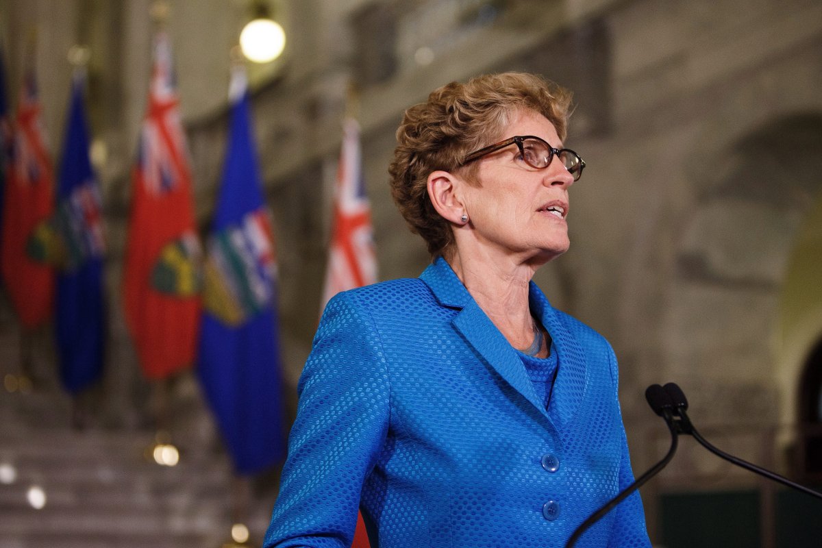 Ontario Premier Kathleen Wynne speaks at a media availability to discuss an energy innovation partnership between Alberta and Ontario at the Alberta Legislature Building in Edmonton on Thursday, May 26, 2016. 
