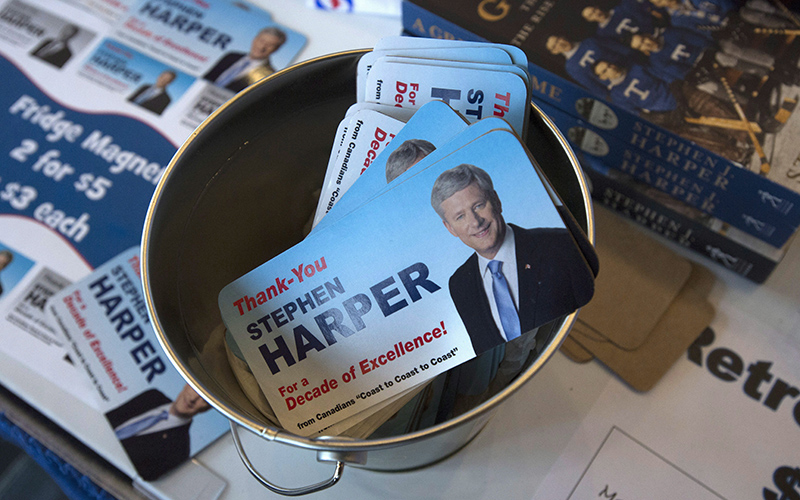 Stephen Harper cards are pictured at the Conservative Party of Canada convention in Vancouver, Thursday, May 26, 2016. 