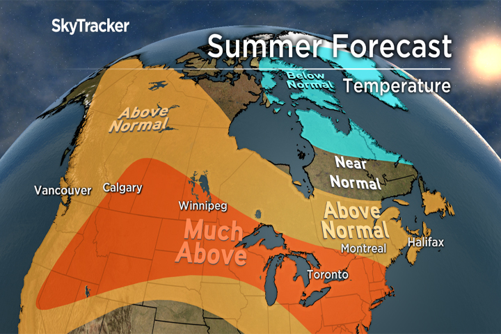 Most of Canada will see above normal summer temperatures this year.